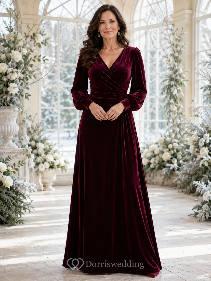 robe de mère trapèze en velours bordeaux à col en V et manches longues