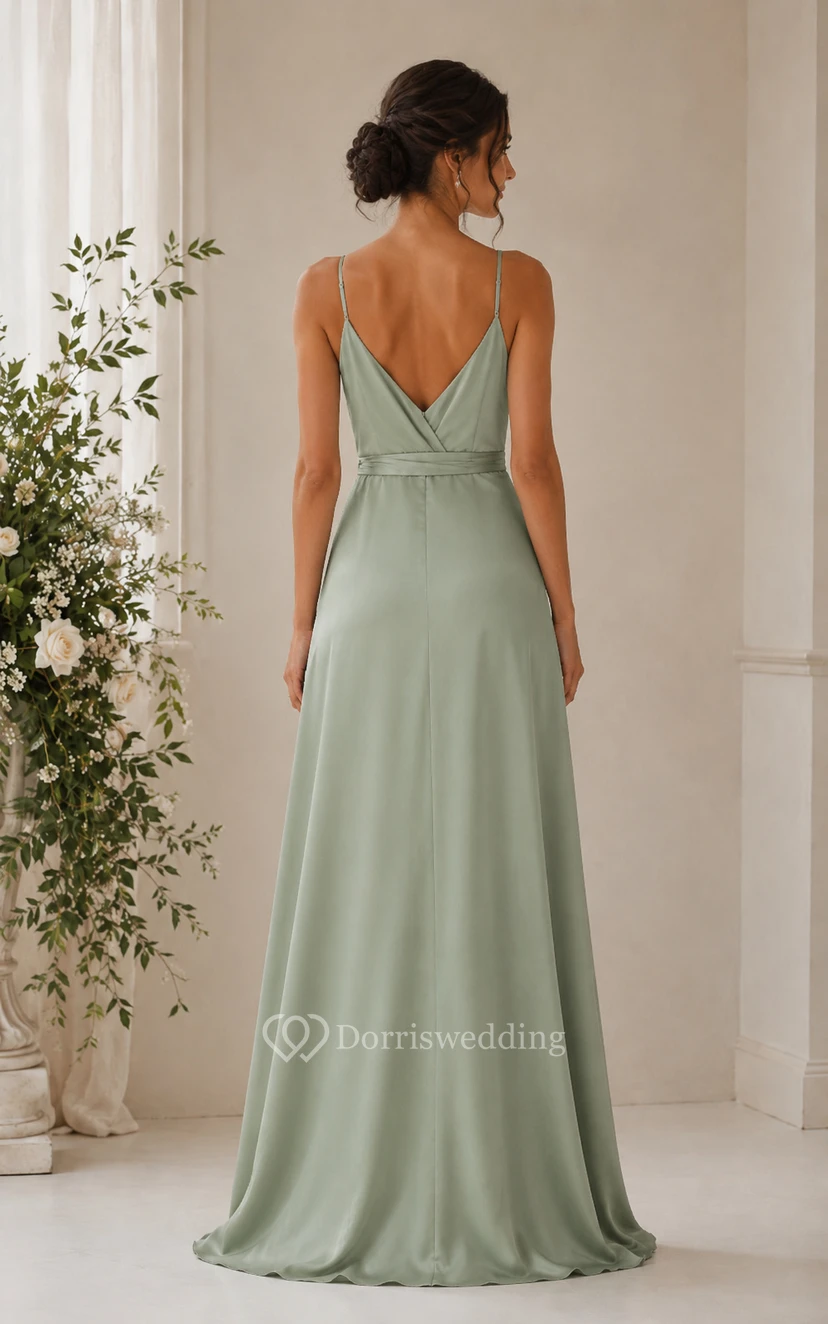 Sage V-neck Satin A-Line Bridesmaid Dress view 2