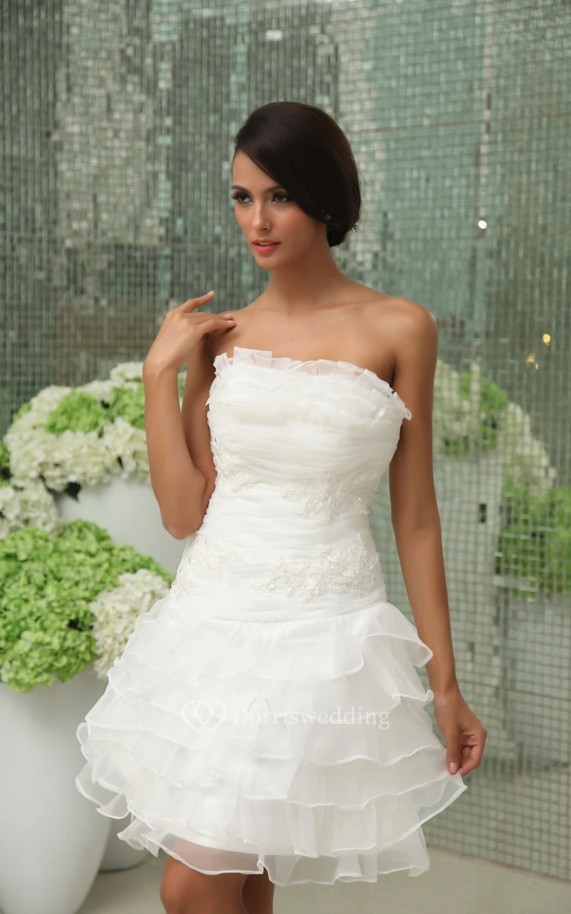Lebhaftes, trägerloses kurzes Kleid mit Applikationen und Rüschen view 3