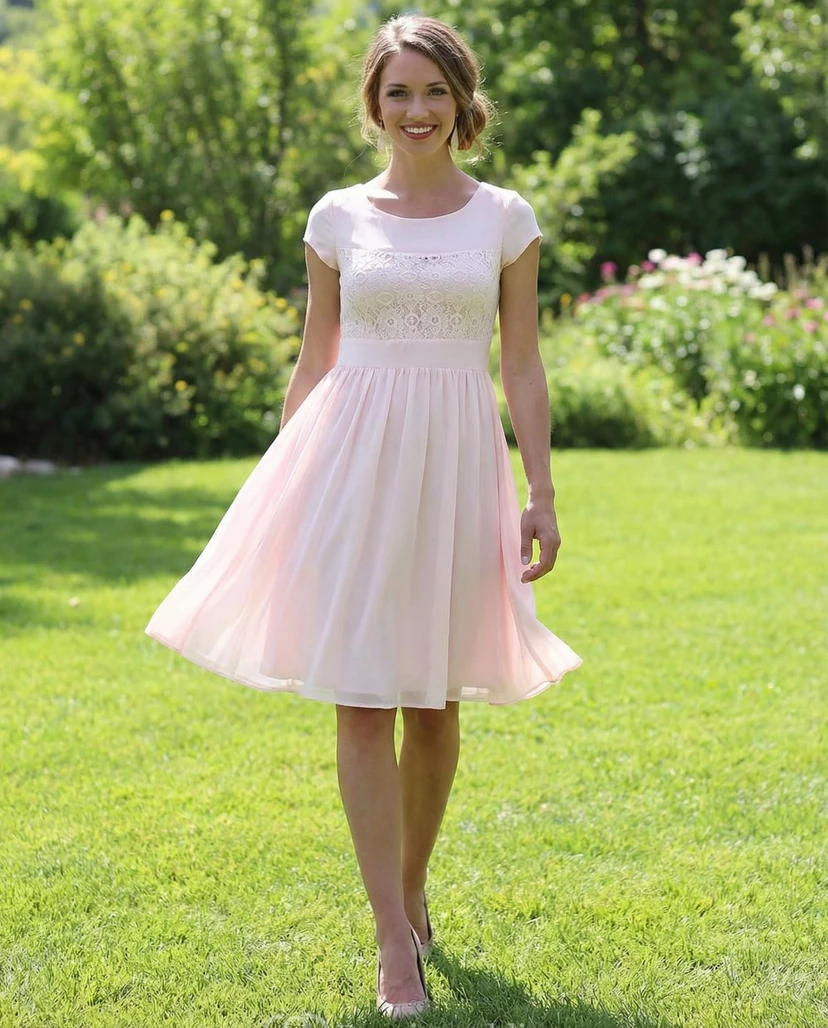 Kurzärmeliges, knielanges Kleid mit Spitzenverzierungen