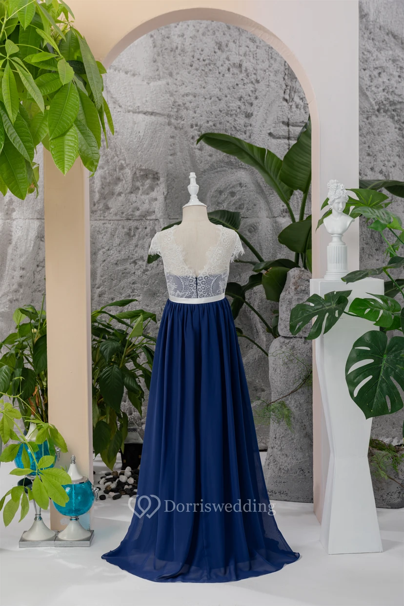 Lace Scoop-neck Cap Two-Tone Dark Blue Flowergirl Dress view 2
