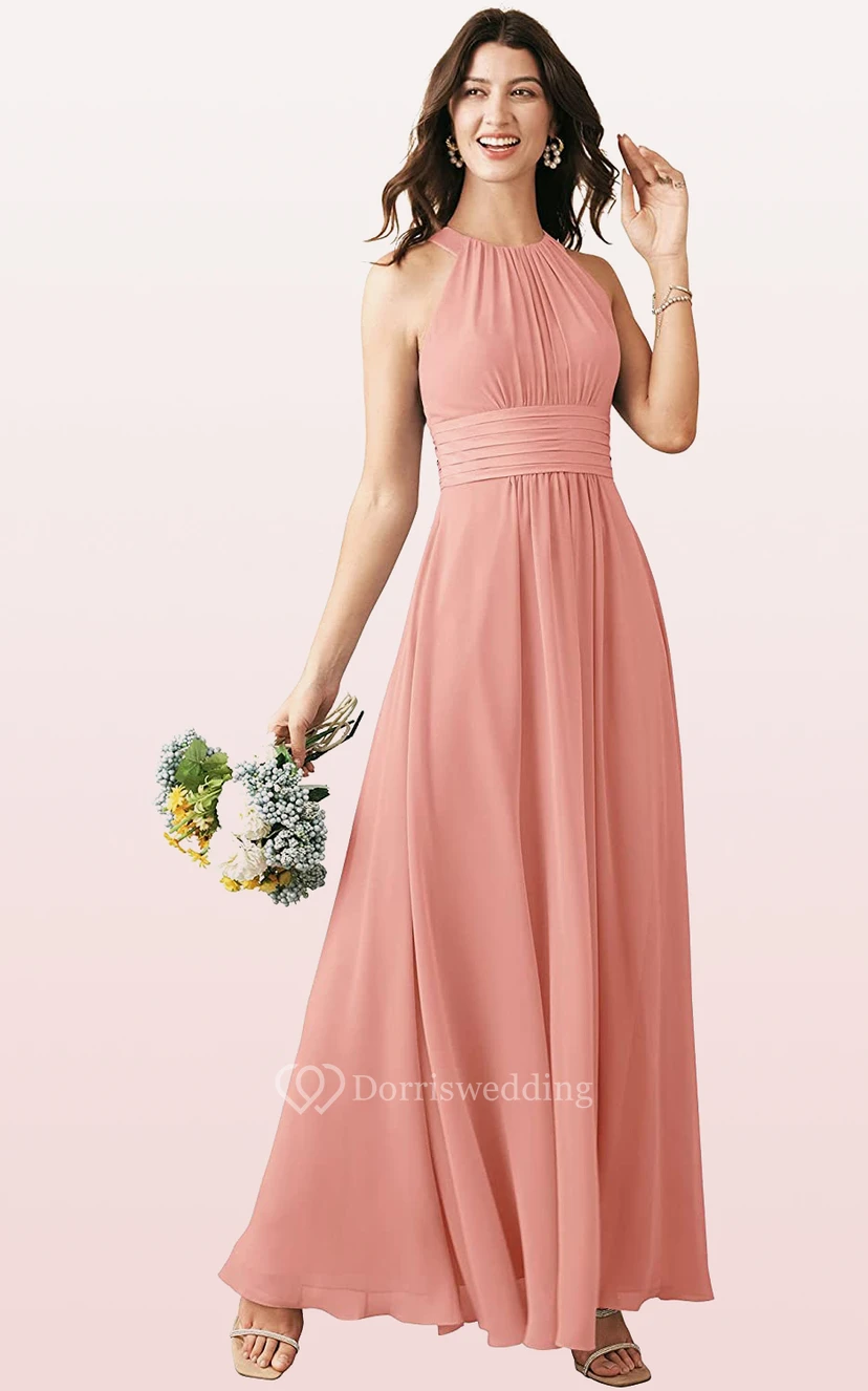 Halter A Line Sleeveless Ankle-length Chiffon Bridesmaid Dress With Ruching view 6