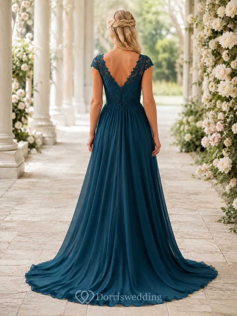Dunkelgrünes, bodenlanges Brautkleid aus Chiffon mit kurzen Ärmeln, V-Ausschnitt und A-Linien-Schnitt aus Spitze view 2