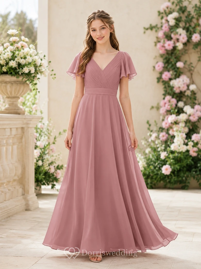 Vestido de dama de honor juvenil color rosa empolvado, corte en A, escote en V, manga corta, pétalos plisados, estilo romántico.