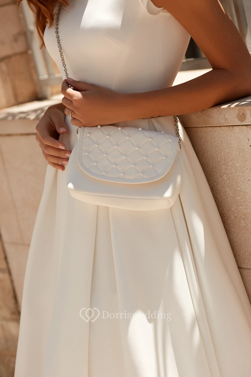 Knee-length Informal Layered Cap Sleeve Cute Satin Wedding Dress With Deep V-back view 5