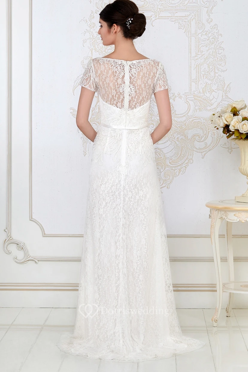 Floor-Length Bateau Neck Cap Sleeve Lace Evening Dress With Brush Train view 2