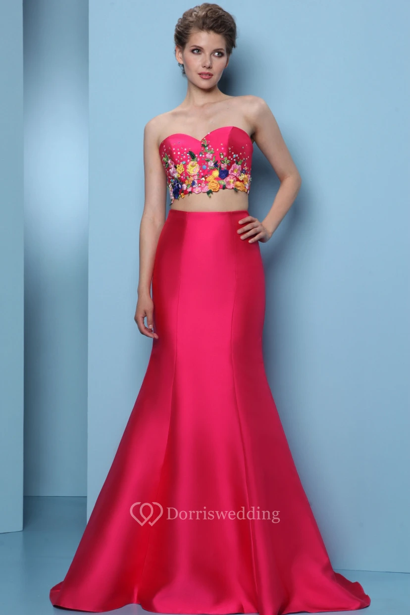 Mermaid Floor-Length Embroidered Sleeveless Sweetheart Satin Prom Dress With Sequins