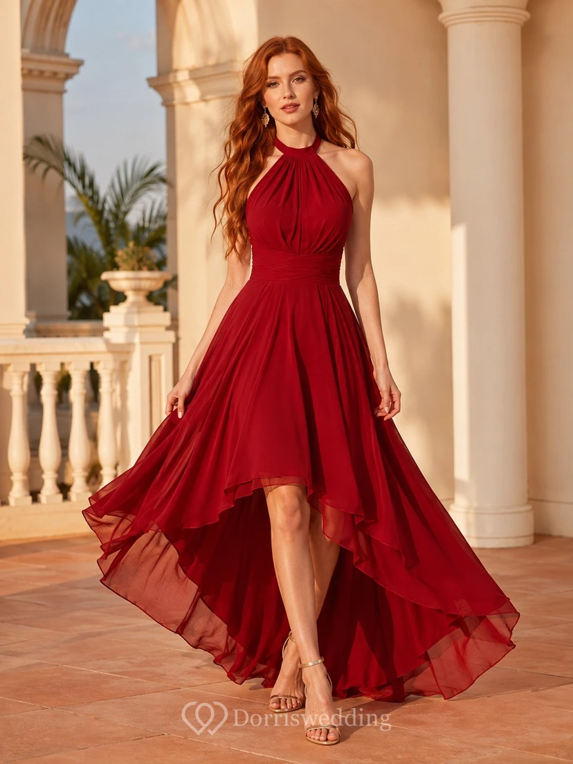 Sexy Red Chiffon High-Low Halter Pleated A-Line Evening Dress