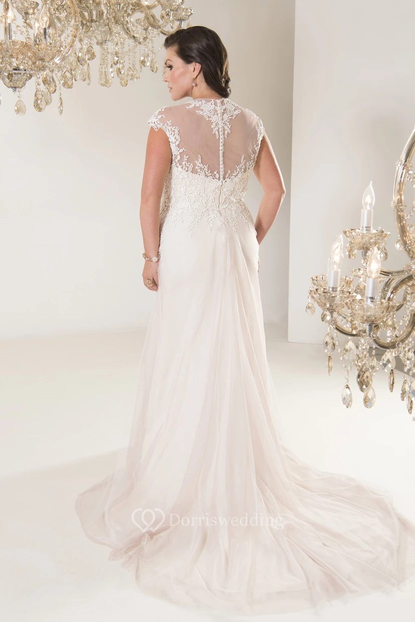A-Line Floor-Length Jewel Neck Cap Tulle Chapel Train Illusion Appliques Dress view 2