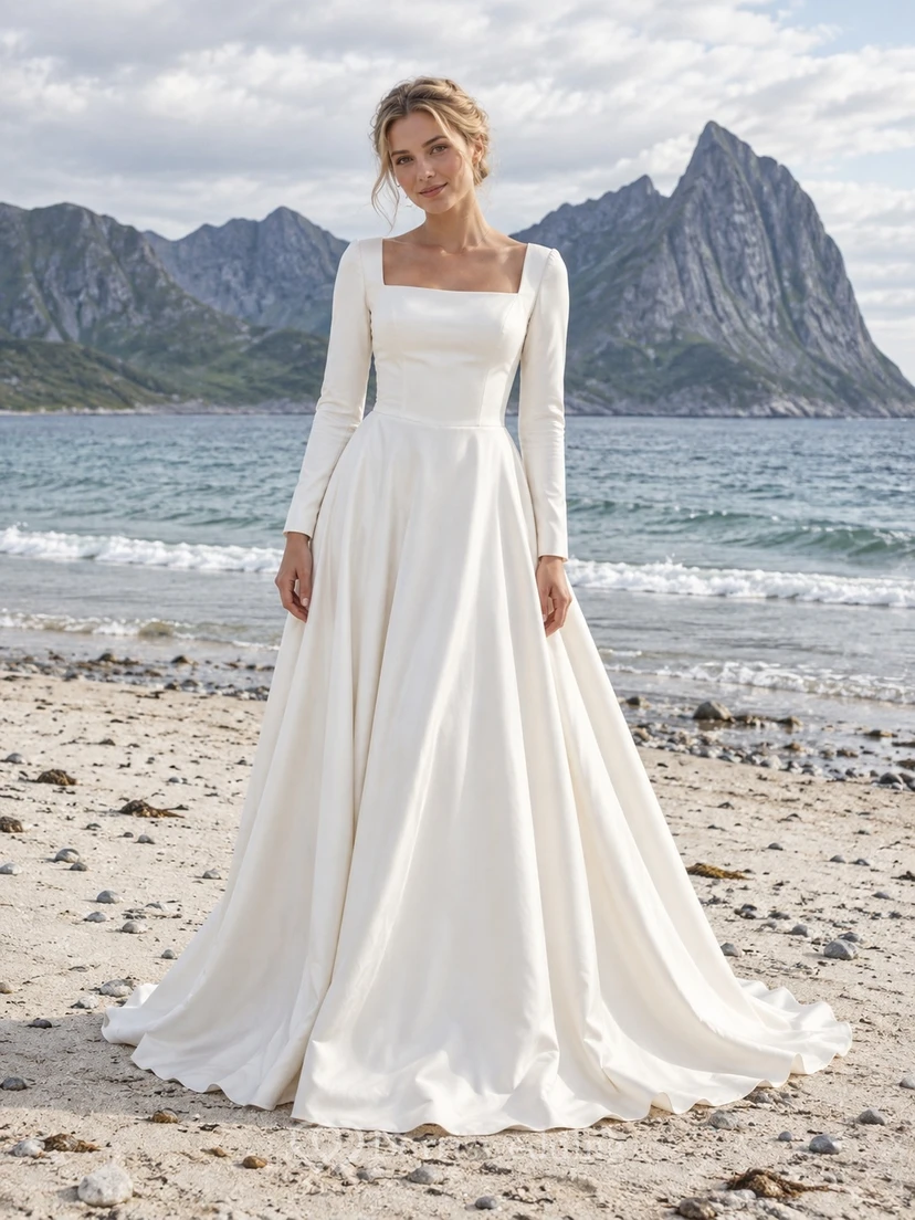 Simple Square Neck Long Sleeve Cotton Sateen Wedding Dress with Full A-Line Skirt