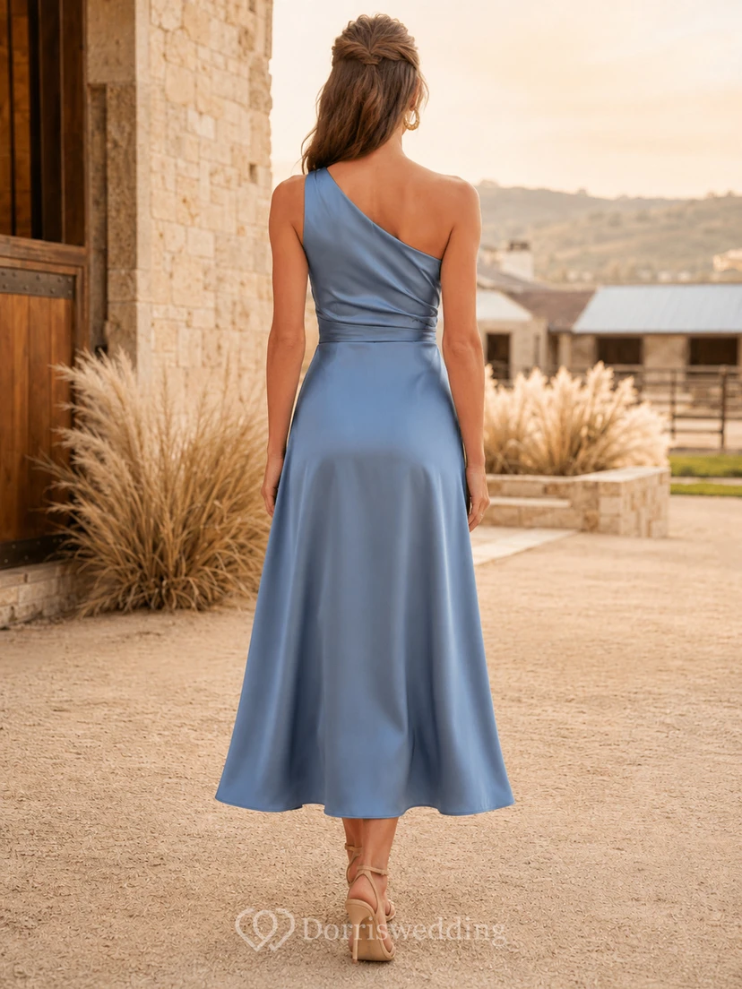 Ranch Steel Blue One-Shoulder Satin Sheath Tea-Length Slit Guest Dress view 2