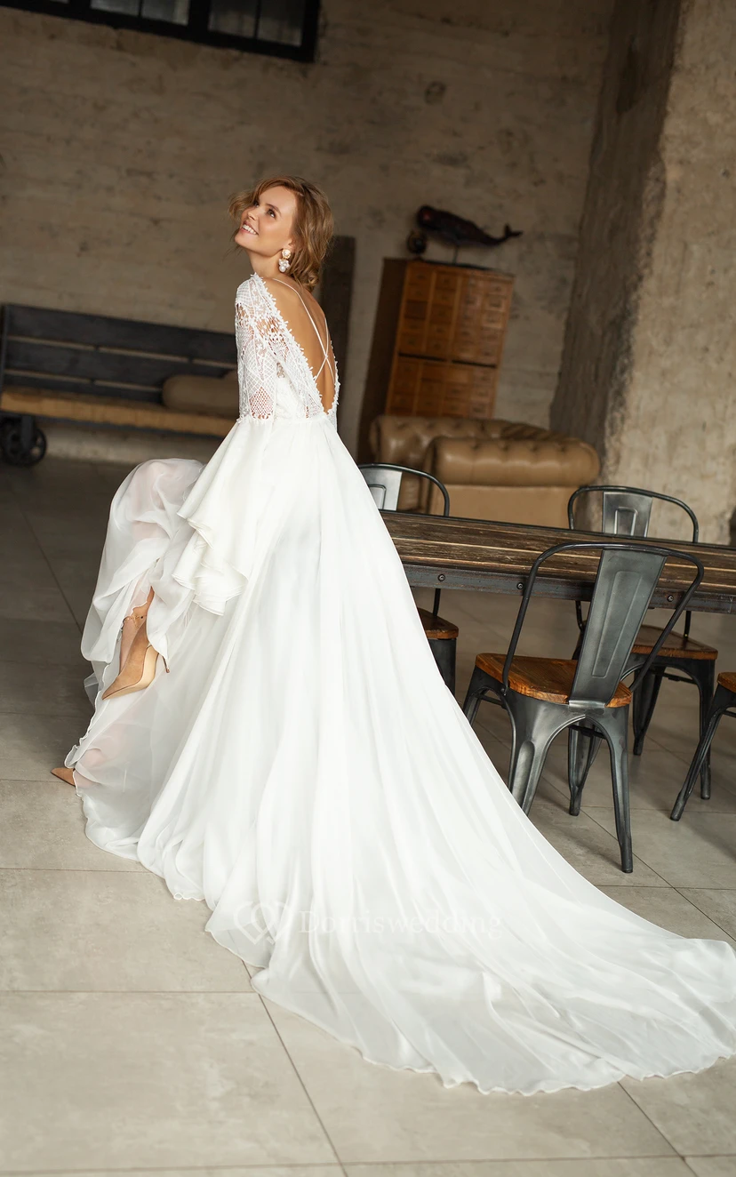 Vintage Bateau-neck Bell Long Sleeve Chiffon Modest Wedding Dress with Deep-v Back and Lace Top view 4