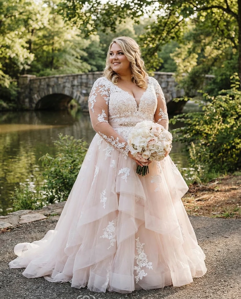 Vestido de novia romántico de corte A con encaje y mangas largas