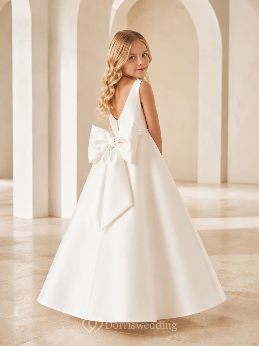 Flower Girl Dress Ivory Satin A-Line Jewel Neck Tea Length Bow Detail view 2