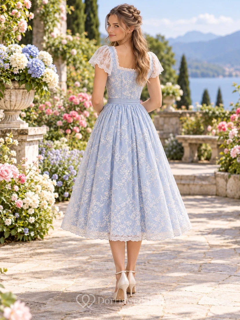 Vintage Sky Blue Sweetheart Lace Sleeve Button Dirndl Dress view 2