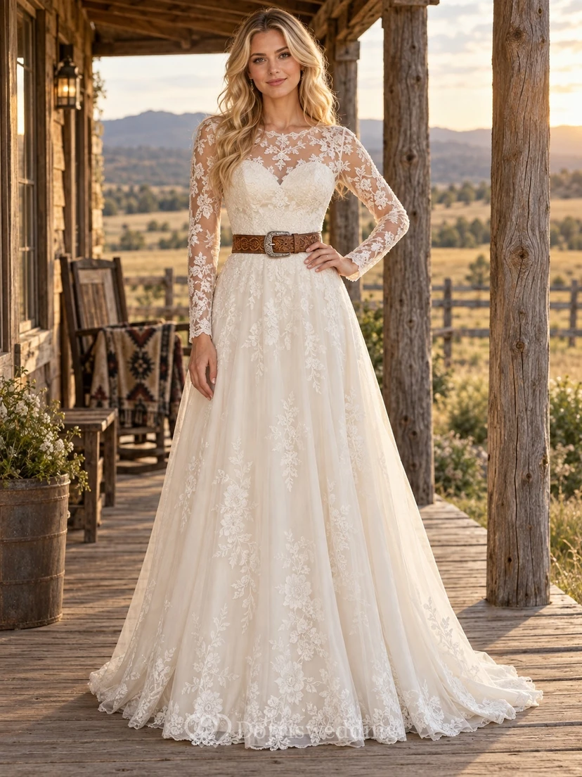 Country Boho Long Sleeve A-Line Lace Tulle Wedding Dress with Jewel Neckline and Western Belt