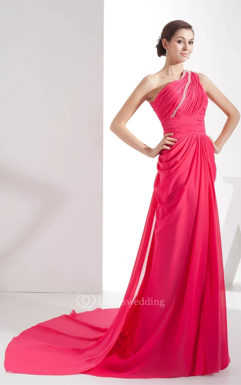 One-Shoulder Jeweled Chiffon Sweep Train and Dress With Central Ruching view 3