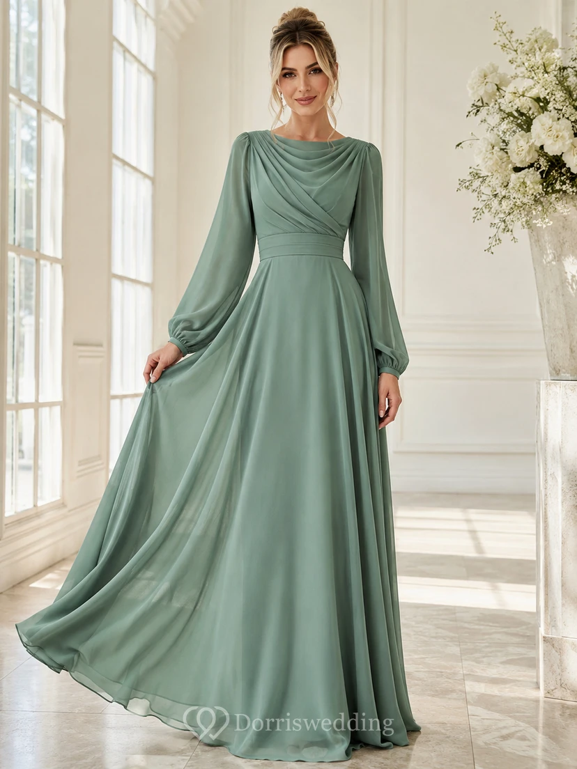 Vestido largo de gasa con mangas estilo poeta y corte en A, color verde salvia.