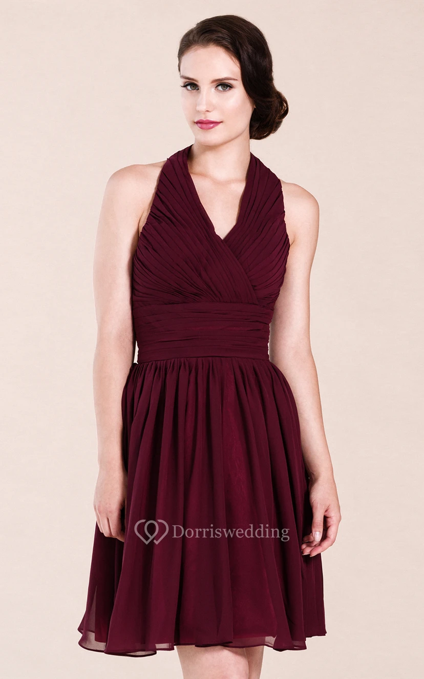 Halter A-line Short Chiffon Dress With Pleats view 5