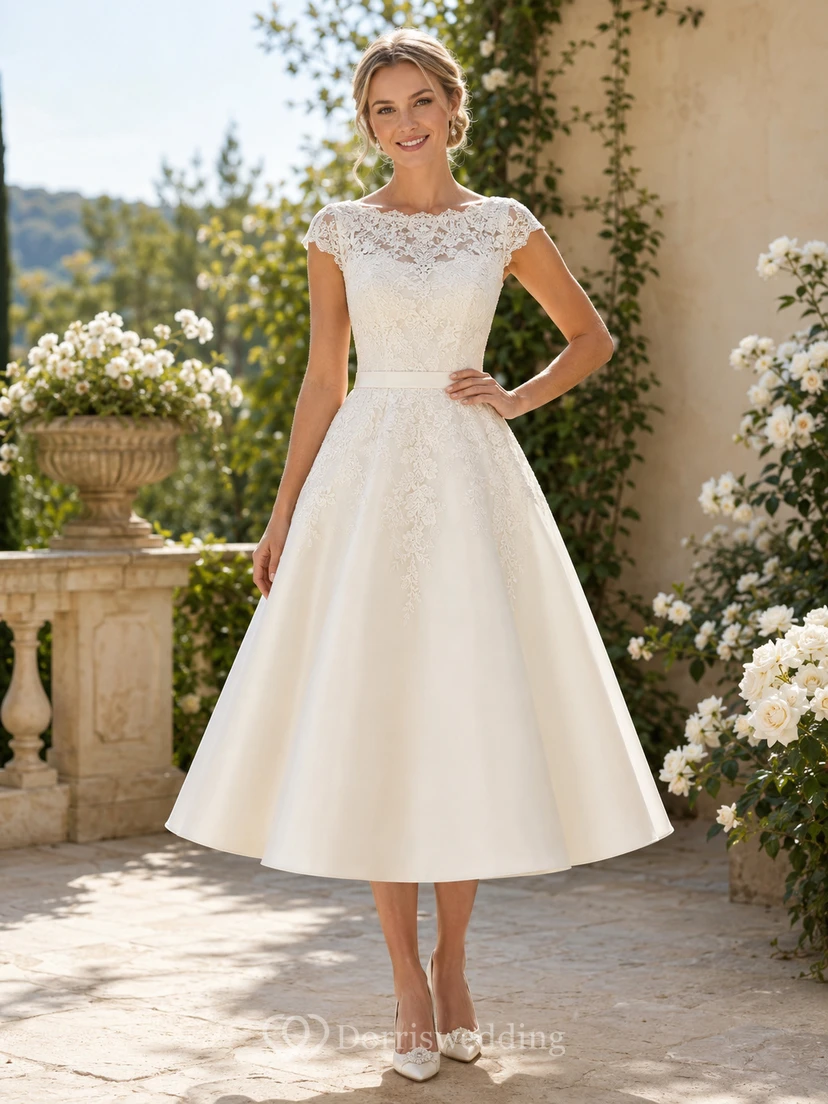 Classic Tea-Length Bateau Cap Sleeve Satin Lace Vintage Wedding Dress