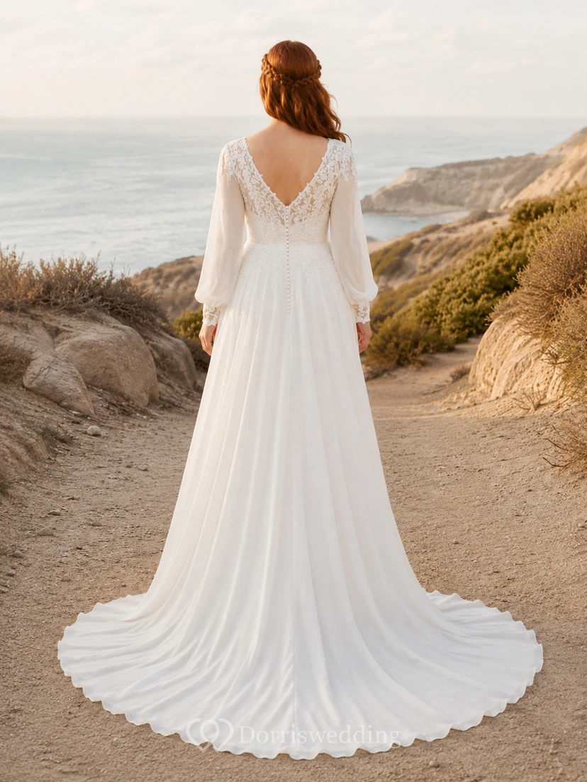 Vestido de novia de gasa y encaje para la playa, corte en A, escote en V, manga larga, cola larga. view 2