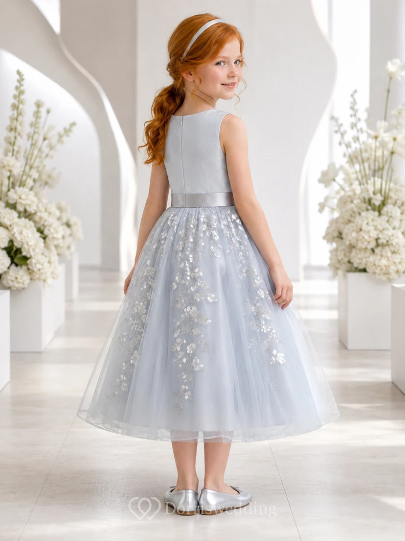 Silver Flower Girl Dress Tea-Length Metallic Satin Tulle A-Line Sleeveless Bateau Botanical Applique Skirt view 2
