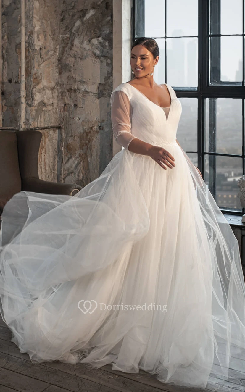 Charming A Line V-neck Tulle Court Train Wedding Dress with Ruching view 4