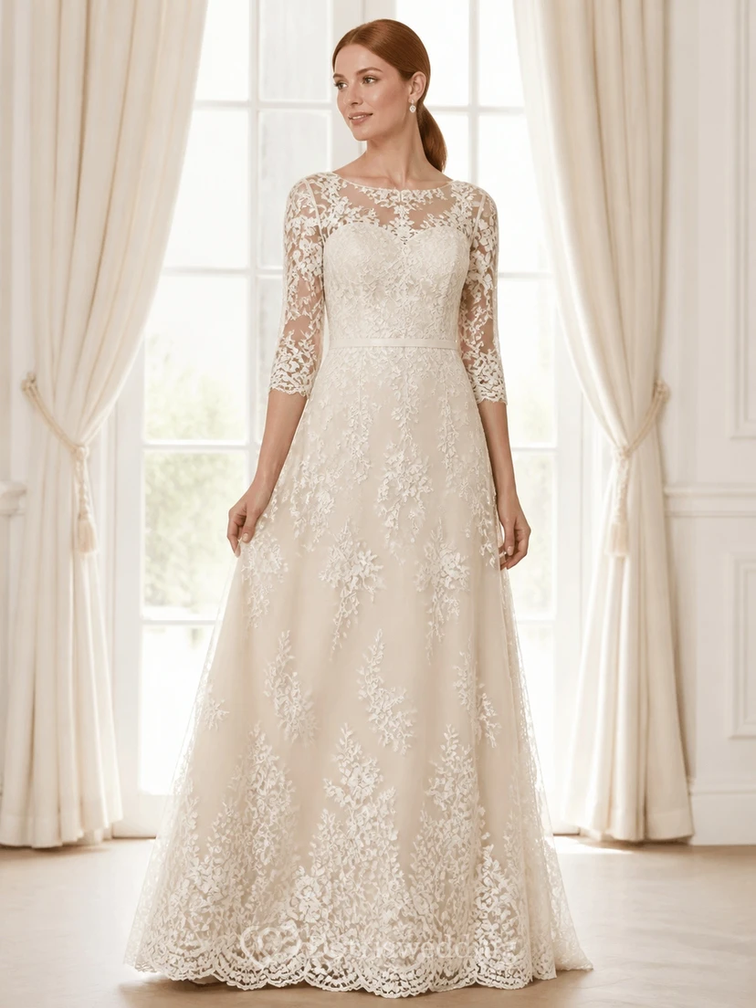 Feathered-Floral Modest Older Brides Lace A-Line Floor-length Bateau Three-Quarter Sleeve Mother Dress