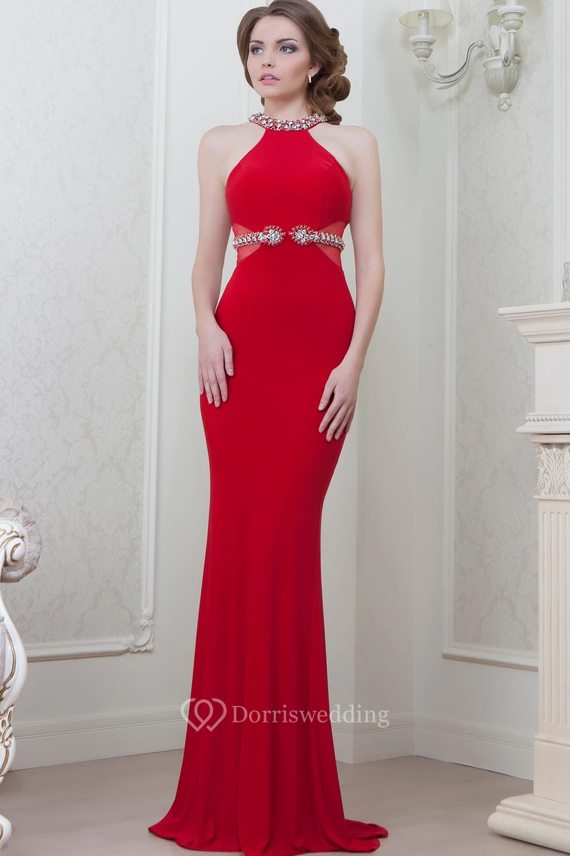 Sheath Floor-Length Sleeveless Scoop-Neck Beaded Jersey Evening Dress