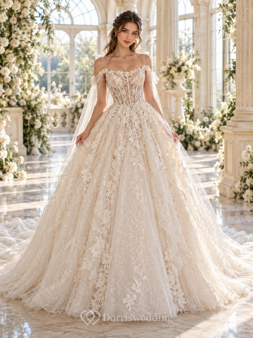 Off Shoulder Corset Floral Lace Cape Ball Gown Wedding Dress