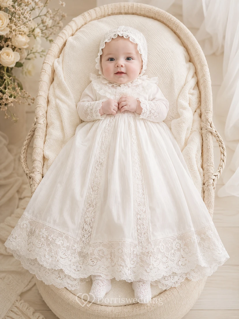 Vestido modesto para ceremonia de bautizo de bebé, corte en A, largo hasta los tobillos, cuello joya, manga larga, tul, encaje, espalda abotonada.