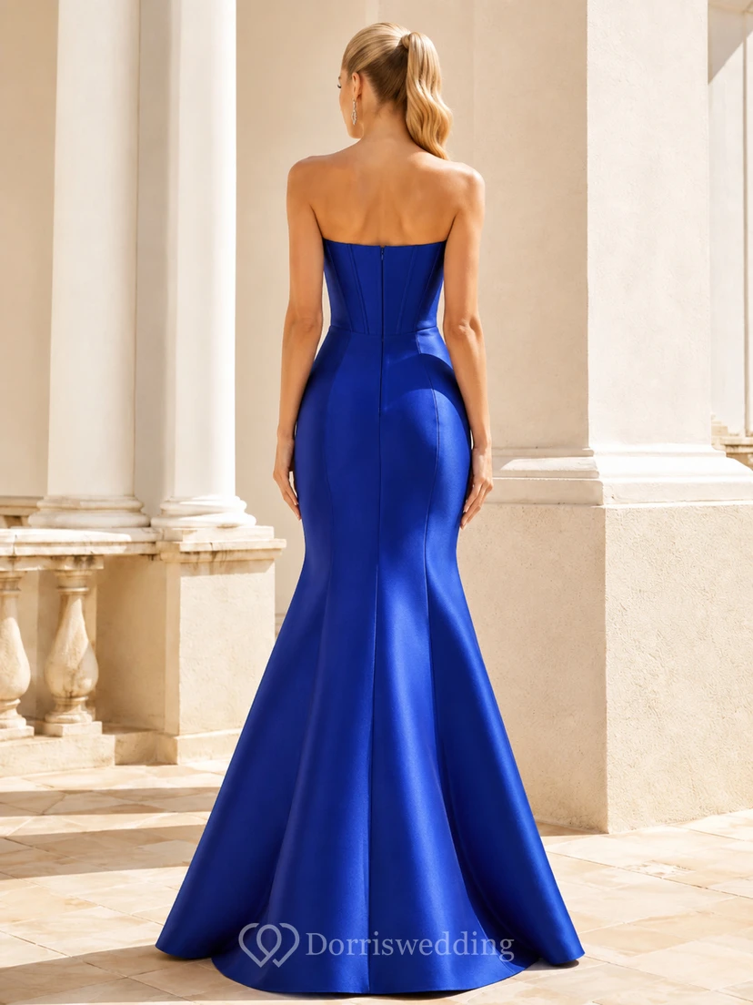Königsblaues, trägerloses, herzförmiges Meerjungfrauen-Abendkleid aus Satin, bodenlang, Promi-Stil view 2