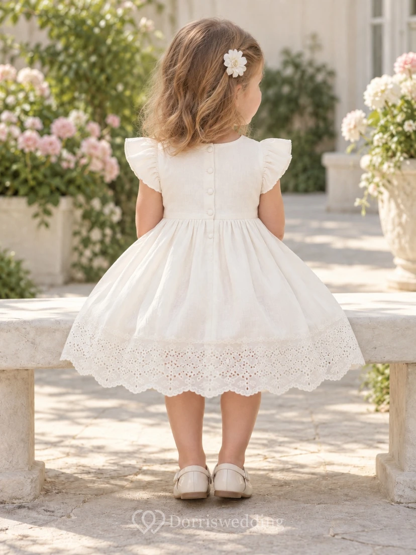 Modest Ivory Knee Length Plain Flutter Sleeve Wide Eyelet Border Flower Girl Dress view 2