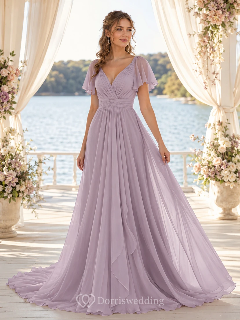 Robe de mariée lavande en mousseline de soie, col en V, manches papillon, coupe trapèze et traîne, style trapèze.