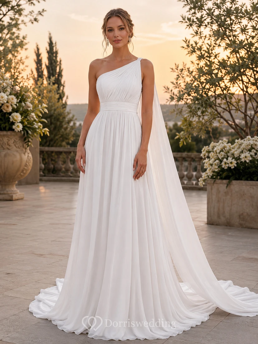 Flowing One Shoulder Pleated Chiffon A-Line Sweep Free Ceremony Wedding Dress