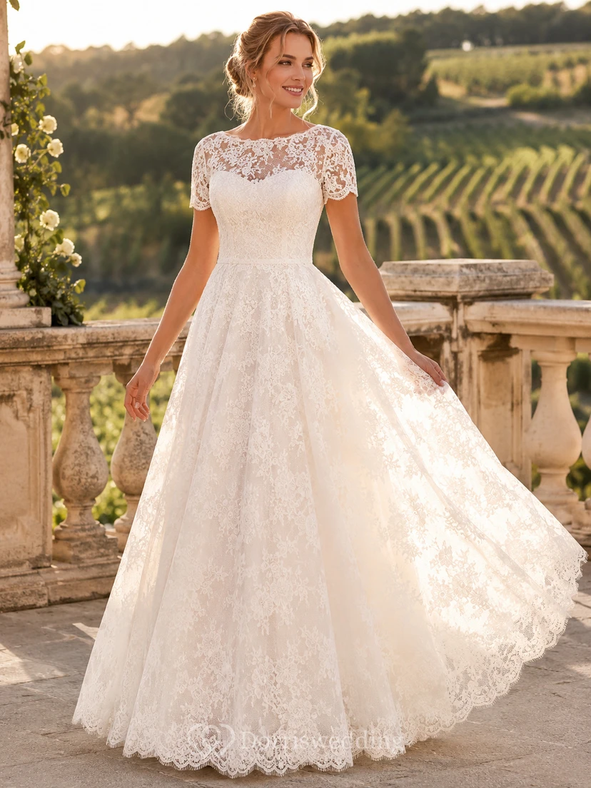 Vestido de novia romántico vintage de corte A con escote barco, mangas cortas y encaje.