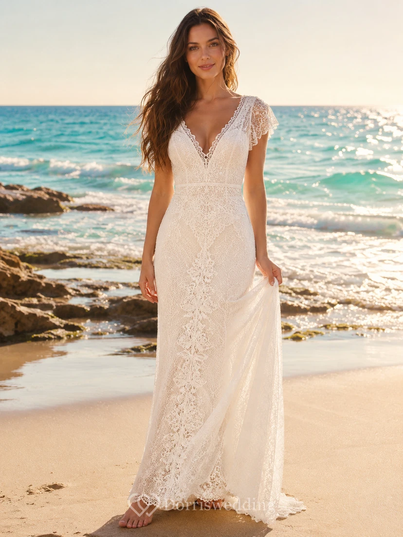 Vestido de novia de encaje playero con mangas cortas y espalda descubierta