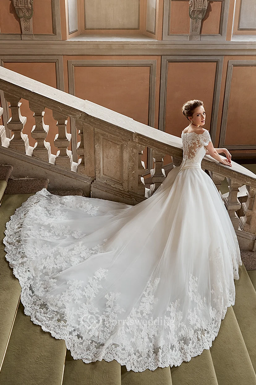 Ball Gown Appliqued Long Off-The-Shoulder Lace Wedding Dress view 2
