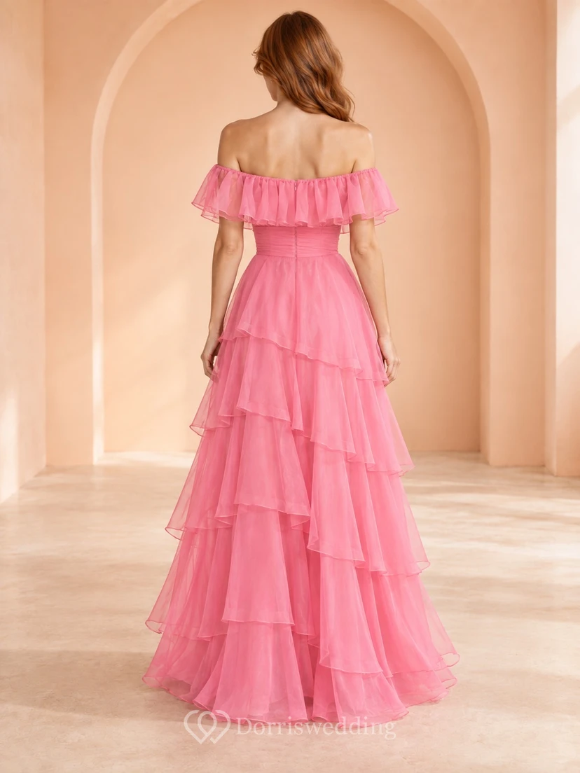 1970s Candy Pink Off Shoulder Tiered Ruffle Chiffon Prom Dress view 2