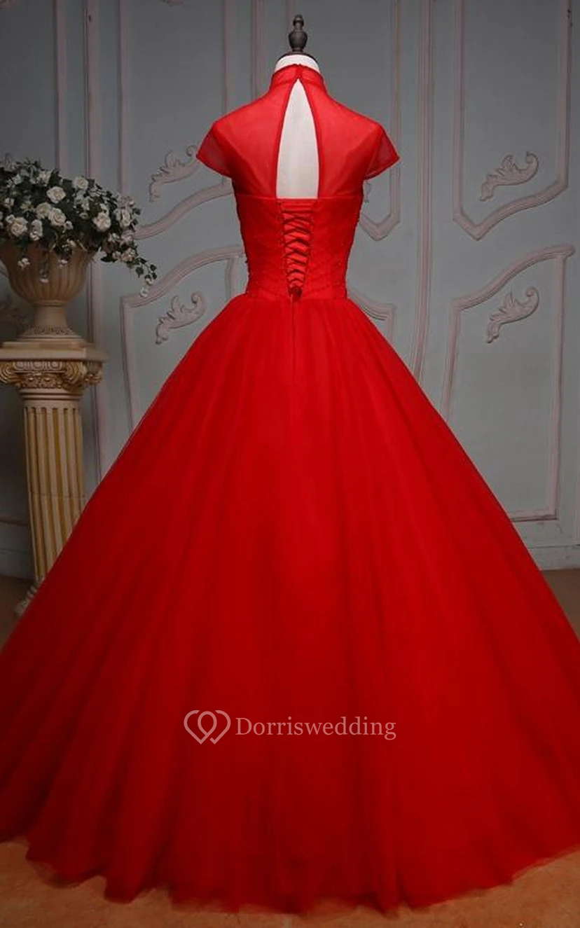 Ball Gown Long High Neck Bell Cap Pleats Beading Lace-Up Back Tulle Lace Dress view 2