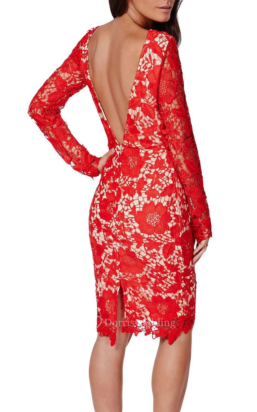 Robe en dentelle illusion à manches longues et longueur genou view 3