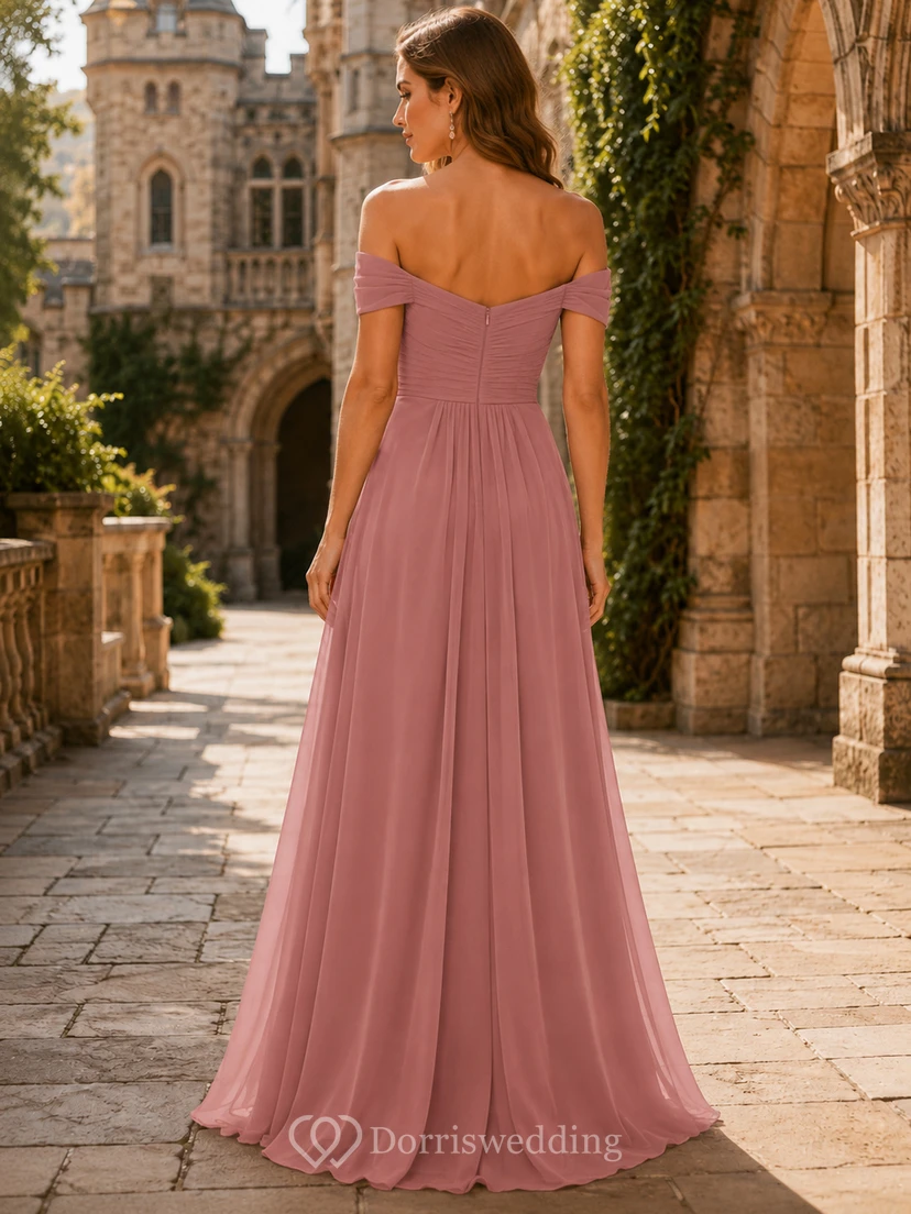 Grand Estate Formal Dusty Rose Romantic Elegant A-Line Chiffon Bridesmaid Dress with Off Shoulder Sweetheart Short Sleeve Floor-Length Low Back view 2