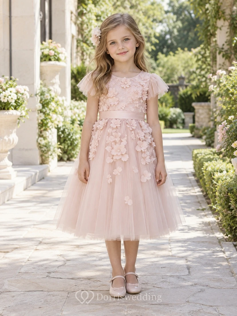 Tea-length Pearl Pink Flutter Sleeve Raised Floral Tulle A-line Flower Girl Dress