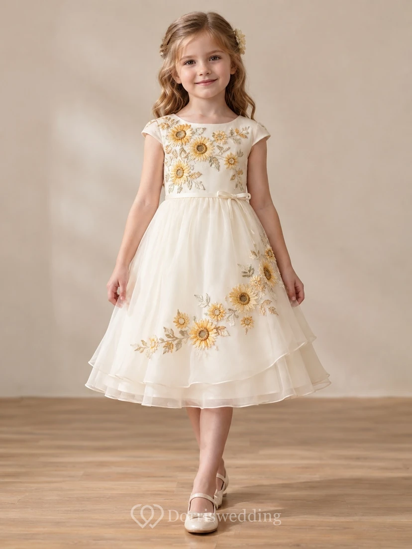 Tea-length Ivory Cap Sleeve Sunflower Floral Tiered Organza Flower Girl Dress