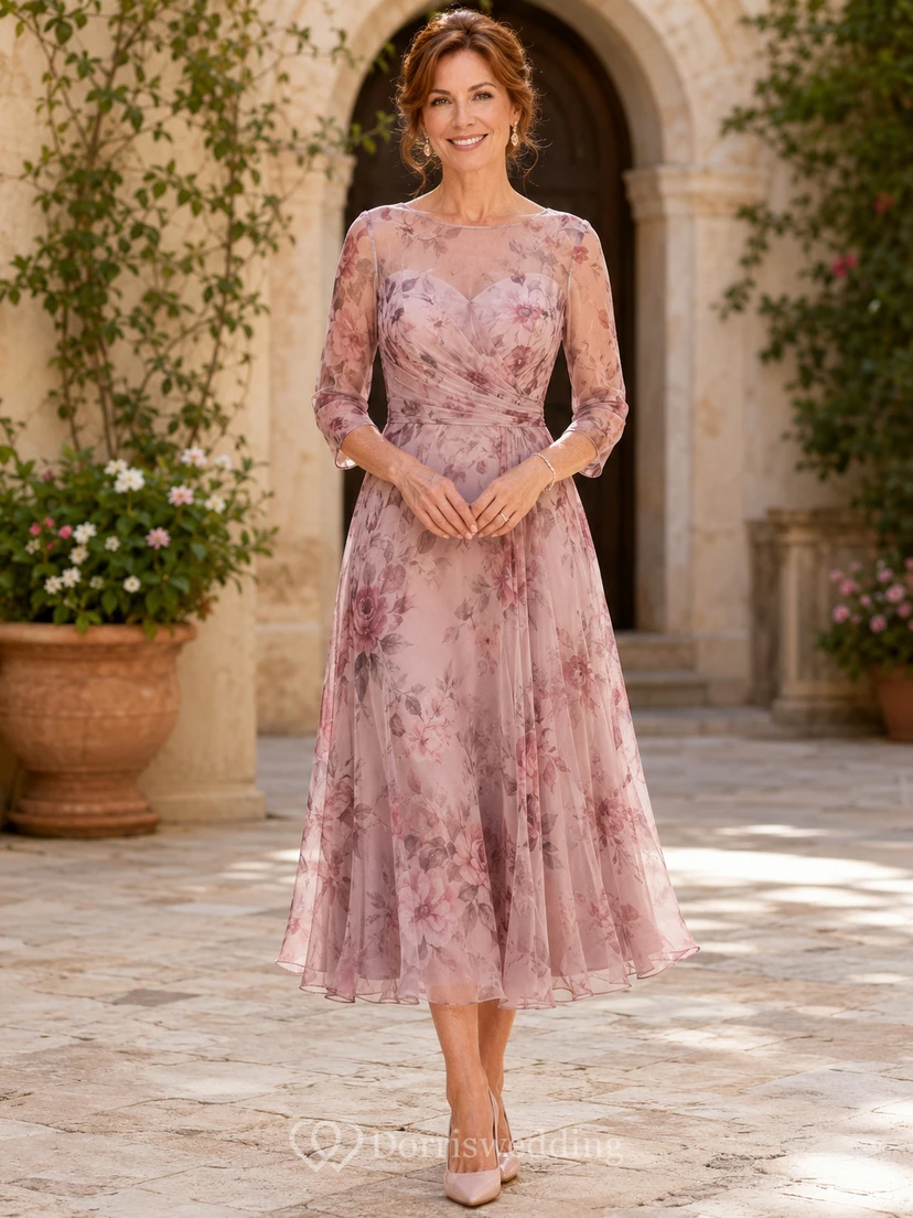 Dusty Rose Floral High Neck Long Sleeve Chiffon Mother Dress