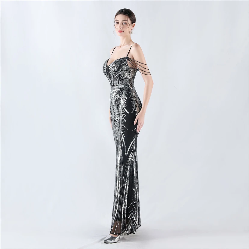 Waist-Reduced Fishbone Shaping Positioning Flower Sequined Anchor Sexy Beaded Suspender Evening Dress view 83