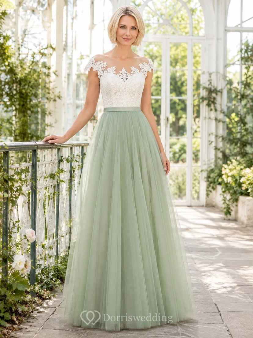 Sage Lace Off-Shoulder Short-Sleeve A-Line Floor-Length Romantic Dress