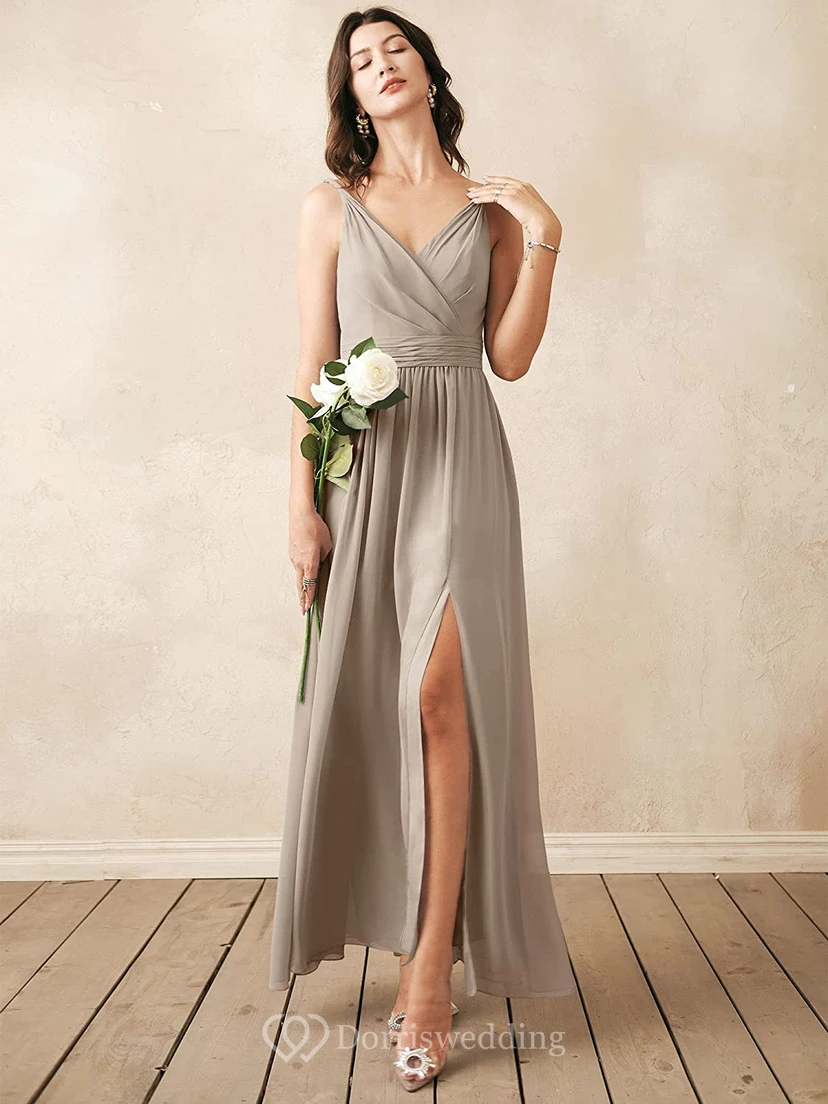 Romantic V-neck A Line Sleeveless Ankle-length Chiffon Bridesmaid Dress With Ruching view 12