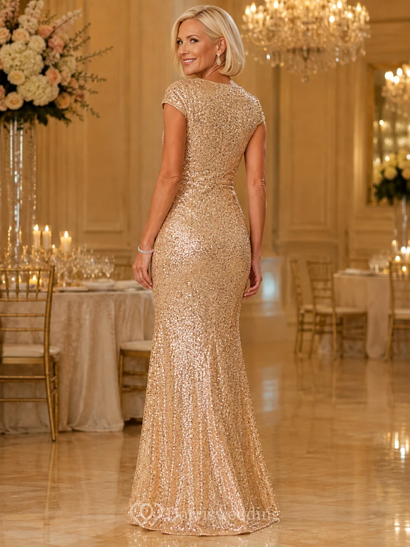 Vestido de lujo elegante para madres, largo hasta el suelo, con escote en V, lentejuelas y mangas cortas, color dorado champán brillante. view 2