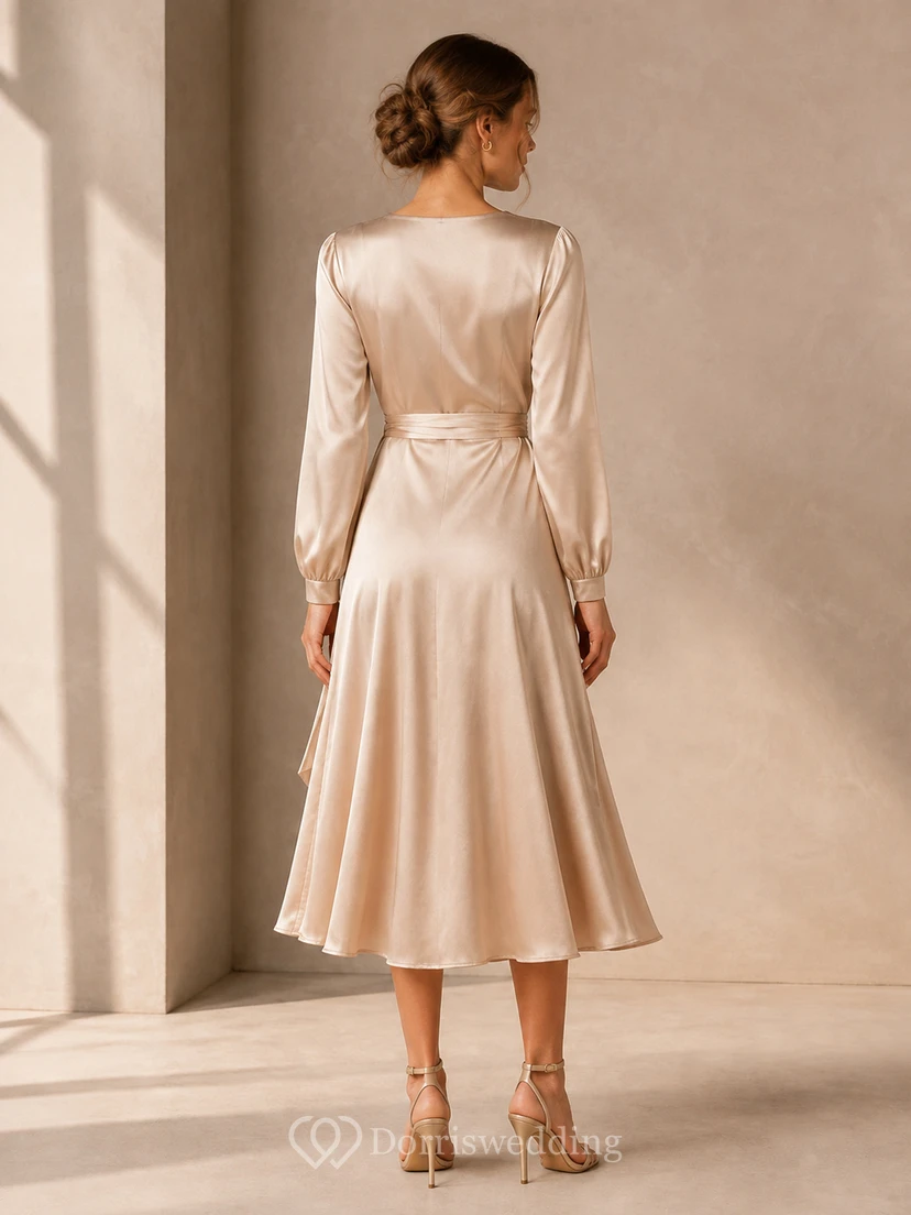 Champagnerfarbenes, langärmeliges Wickelkleid aus Satin mit V-Ausschnitt für Teegäste view 2